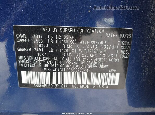 4S4GUHF68S3737442 2025 SUBARU CROSSTREK Blue ძრავის განყოფილების ხედი