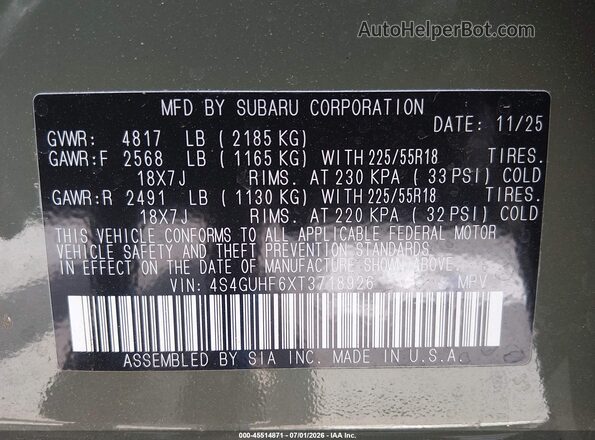 4S4GUHF6XT3718926 2026 SUBARU CROSSTREK Green Շարժիչի բաժամունքի տեսք