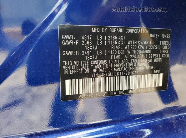 4S4GUHL61T3701677 2026 SUBARU CROSSTREK Blue Вид наклейки з VIN-кодом
