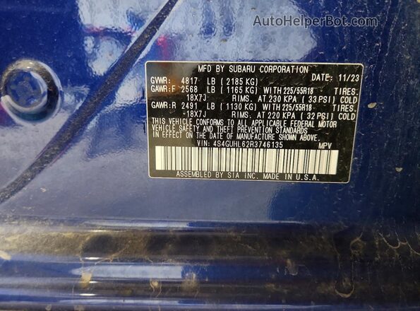 4S4GUHL62R3746135 2024 SUBARU CROSSTREK Blue Widok wnętrza 360 stopni