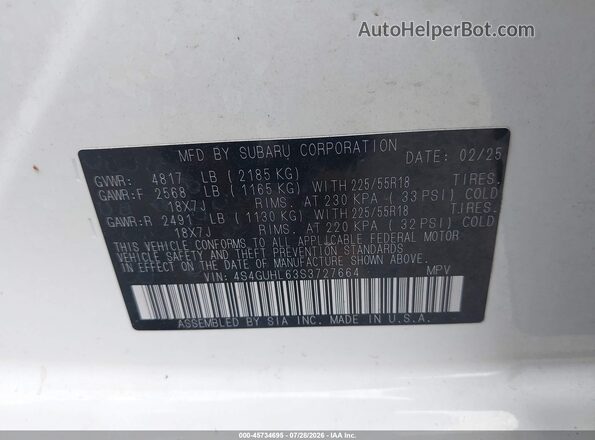 4S4GUHL63S3727664 2025 SUBARU CROSSTREK White Շարժիչի բաժամունքի տեսք
