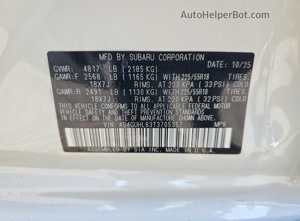 4S4GUHL63T3705357 2026 SUBARU CROSSTREK White ძრავის განყოფილების ხედი