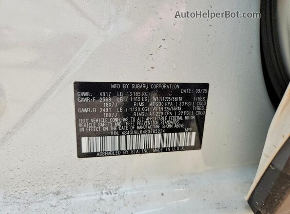 4S4GUHL64S3785234 2025 SUBARU CROSSTREK White Вид наклейки з VIN-кодом