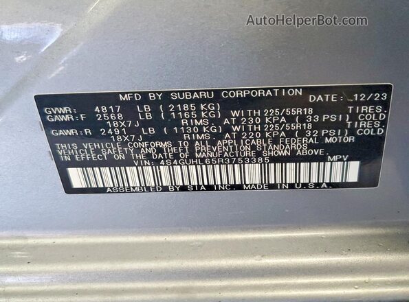 4S4GUHL65R3753385 2024 SUBARU CROSSTREK Silver Widok naklejki z numerem VIN