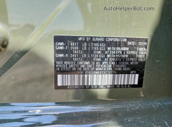 4S4GUHM60S3712778 2025 SUBARU CROSSTREK Green VIN კოდის სტიკერის ხედი