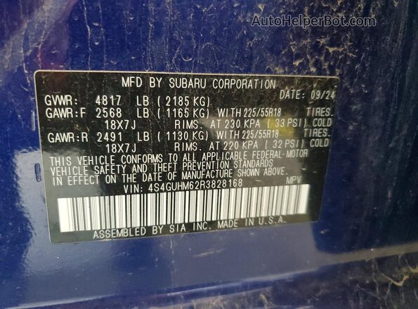 4S4GUHM62R3828168 2024 SUBARU CROSSTREK Blue Widok naklejki z numerem VIN