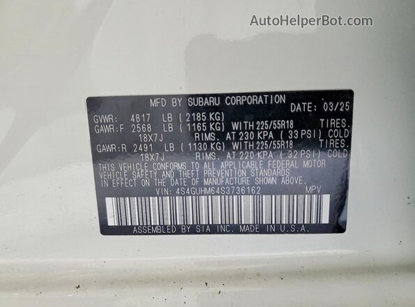 4S4GUHM64S3736162 2025 SUBARU CROSSTREK White Widok naklejki z numerem VIN