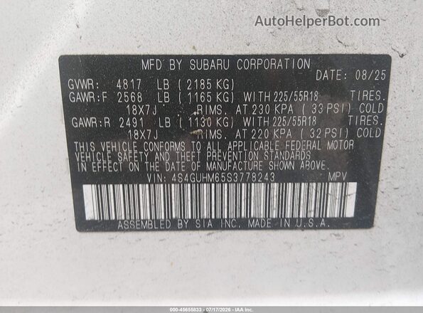4S4GUHM65S3778243 2025 SUBARU CROSSTREK White Вид підкапотного простору