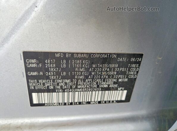 4S4GUHM66R3803659 2024 SUBARU CROSSTREK Silver VIN კოდის სტიკერის ხედი