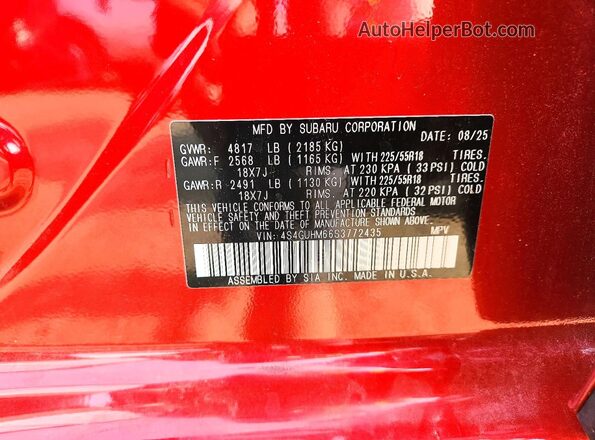 4S4GUHM66S3772435 2025 SUBARU CROSSTREK Maroon Vista de la etiqueta del VIN