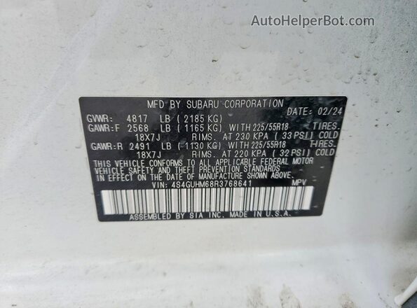 4S4GUHM68R3768641 2024 SUBARU CROSSTREK White VIN კოდის სტიკერის ხედი