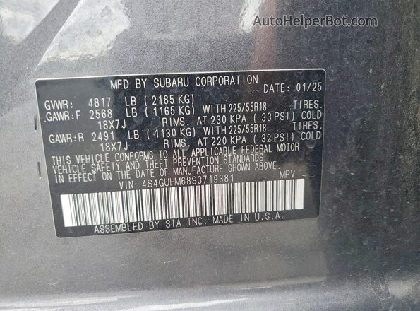 4S4GUHM68S3719381 2025 SUBARU CROSSTREK Gray Вид наклейки з VIN-кодом