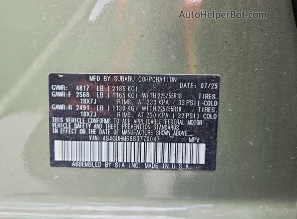 4S4GUHM69S3770047 2025 SUBARU CROSSTREK Зеленый Вид наклейки с VIN-кодом