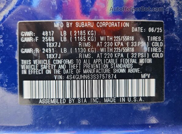 4S4GUHN63S3757874 2025 SUBARU CROSSTREK Blue Вид наклейки з VIN-кодом