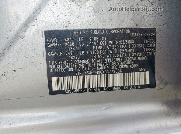 4S4GUHN6XR3779686 2024 SUBARU CROSSTREK Серебряный Вид наклейки с VIN-кодом