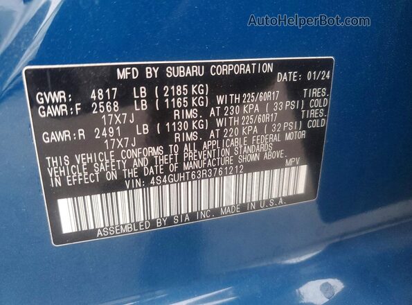 4S4GUHT63R3761212 2024 SUBARU CROSSTREK Blue VIN sticker view