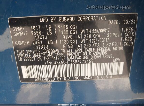 4S4GUHT65R3779453 2024 SUBARU CROSSTREK Blue Engine compartment view