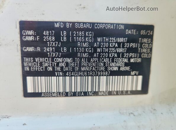 4S4GUHU61R3799987 2024 SUBARU CROSSTREK White VIN կոդի պիտակի տեսք