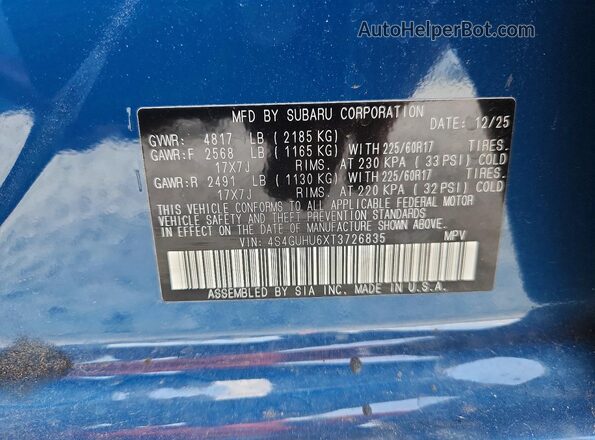 4S4GUHU6XT3726835 2026 SUBARU CROSSTREK Blue Widok komory silnika