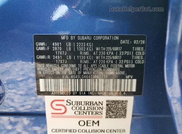 4S4SLDA64T3060338 2026 SUBARU FORESTER Синий Панорамный вид салона 360°