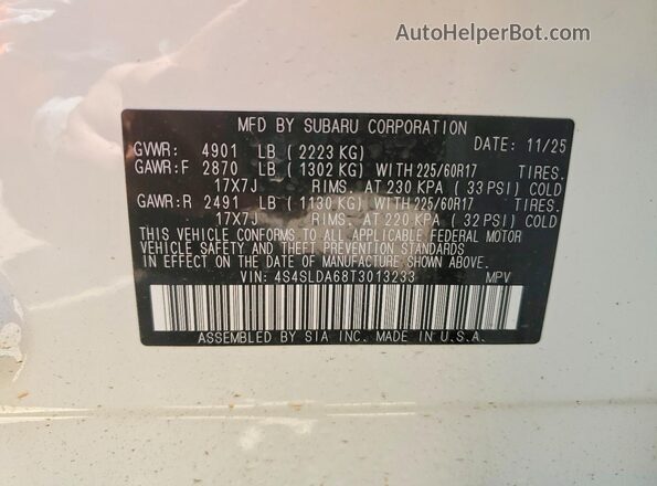 4S4SLDA68T3013233 2026 SUBARU FORESTER White VIN კოდის სტიკერის ხედი