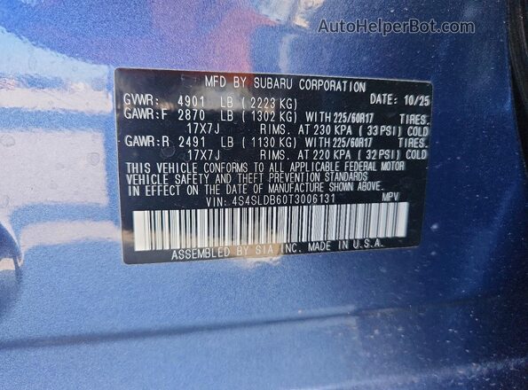 4S4SLDB60T3006131 2026 SUBARU FORESTER Blue Widok wnętrza 360 stopni