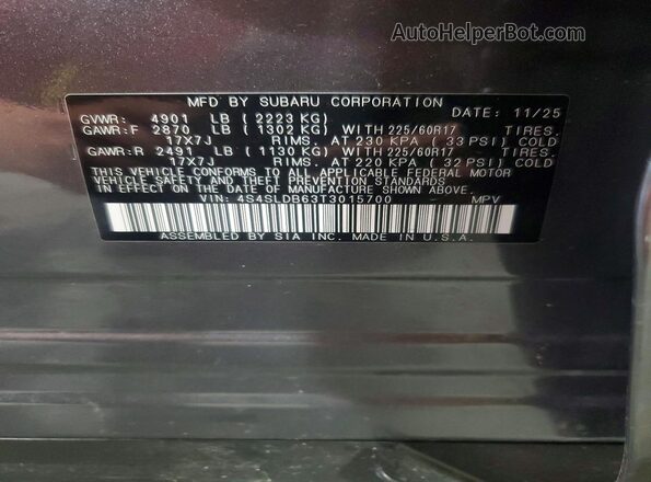4S4SLDB63T3015700 2026 SUBARU FORESTER Gray Widok naklejki z numerem VIN