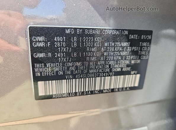4S4SLDB63T3049782 2026 SUBARU FORESTER Silver VIN კოდის სტიკერის ხედი