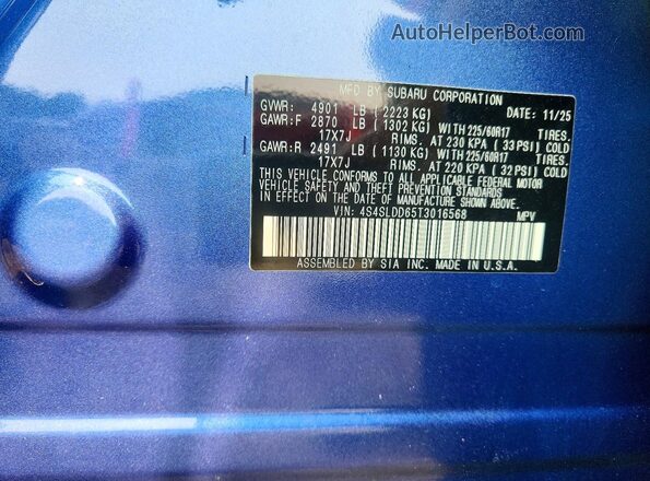4S4SLDD65T3016568 2026 SUBARU FORESTER Blue Вид наклейки з VIN-кодом