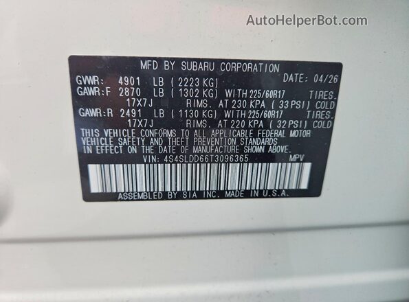 4S4SLDD66T3096365 2026 SUBARU FORESTER White Vista de la etiqueta del VIN