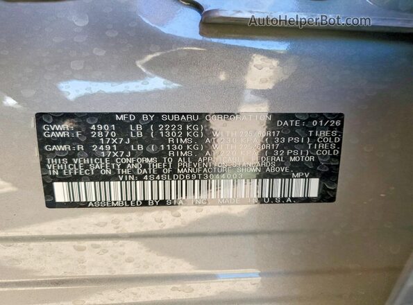 4S4SLDD69T3044003 2026 SUBARU FORESTER Gray VIN კოდის სტიკერის ხედი