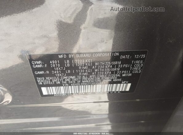 4S4SLDR62T3035331 2026 SUBARU OUTBACK Серый Вид подкапотного пространства