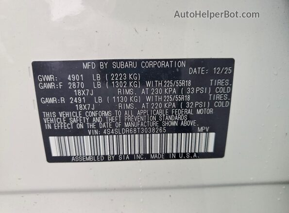 4S4SLDR68T3038265 2026 SUBARU FORESTER White VIN კოდის სტიკერის ხედი