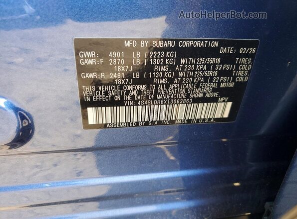 4S4SLDR6XT3063863 2026 SUBARU FORESTER Синий Вид наклейки с VIN-кодом