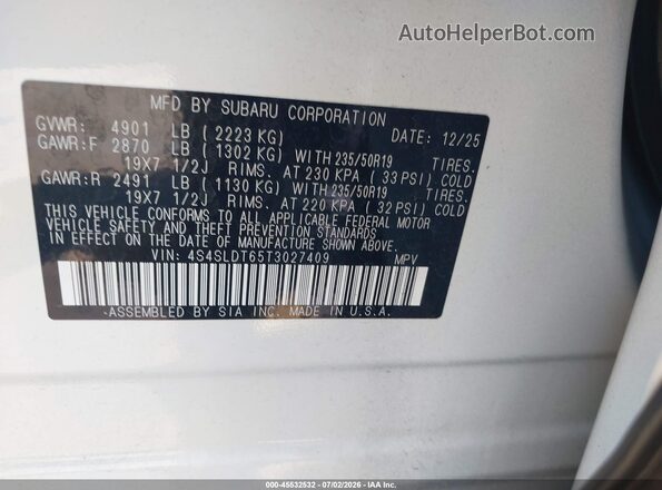 4S4SLDT65T3027409 2026 SUBARU FORESTER White Widok komory silnika