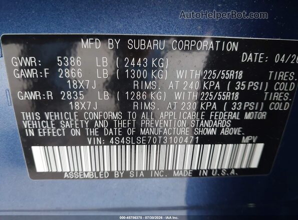 4S4SLSE70T3100471 2026 SUBARU FORESTER Blue Շարժիչի բաժամունքի տեսք