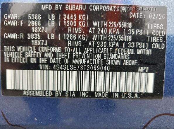 4S4SLSE73T3069040 2026 SUBARU FORESTER Blue Widok naklejki z numerem VIN