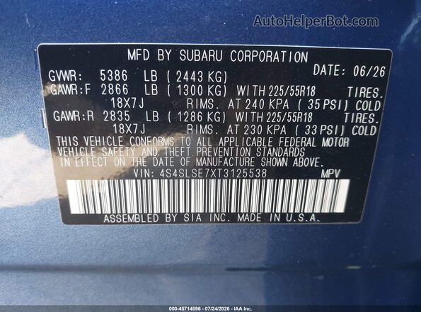 4S4SLSE7XT3125538 2026 SUBARU FORESTER Blue Вид підкапотного простору
