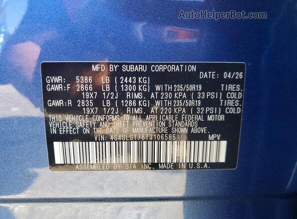 4S4SLST78T3106585 2026 SUBARU FORESTER Blue Widok naklejki z numerem VIN