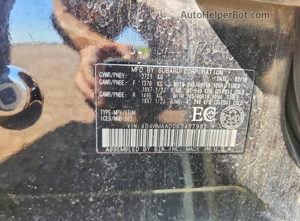 4S4WMAAD0K3457992 2019 SUBARU ASCENT Black Vista de la etiqueta del VIN