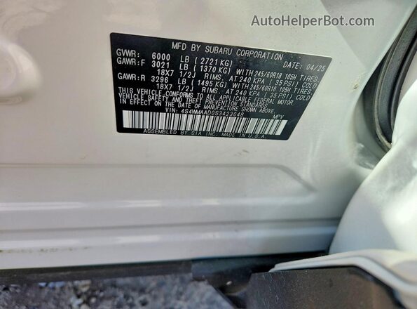 4S4WMAAD0S3423048 2025 SUBARU ASCENT White Vista interior de 360 grados