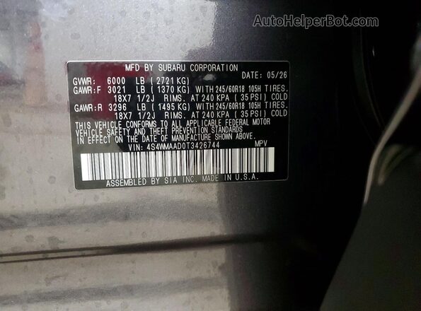 4S4WMAAD0T3426744 2026 SUBARU ASCENT Gray VIN sticker view