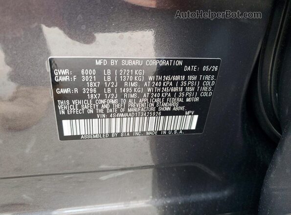 4S4WMAAD1T3425926 2026 SUBARU ASCENT Серый Вид наклейки с VIN-кодом