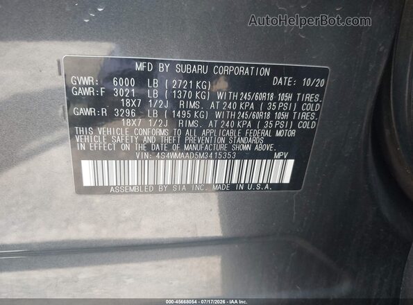 4S4WMAAD5M3415353 2021 SUBARU ASCENT Gray Вид підкапотного простору