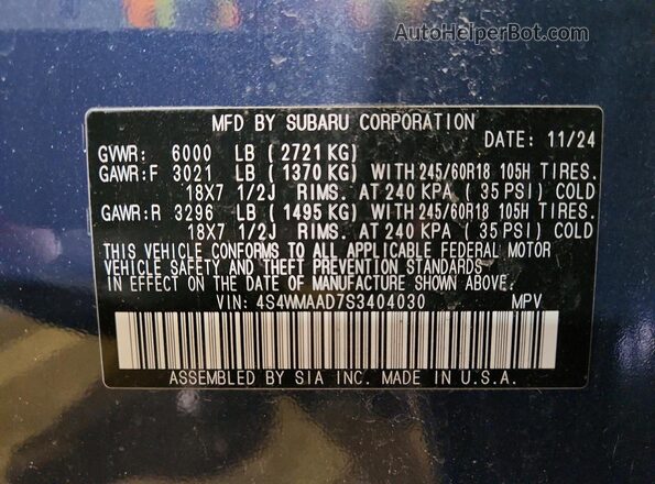 4S4WMAAD7S3404030 2025 SUBARU ASCENT Blue Widok naklejki z numerem VIN