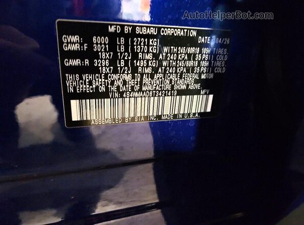 4S4WMAAD8T3421419 2026 SUBARU ASCENT Синий Вид наклейки с VIN-кодом