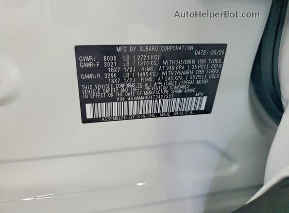 4S4WMABD4T3427927 2026 SUBARU ASCENT White Widok wnętrza 360 stopni