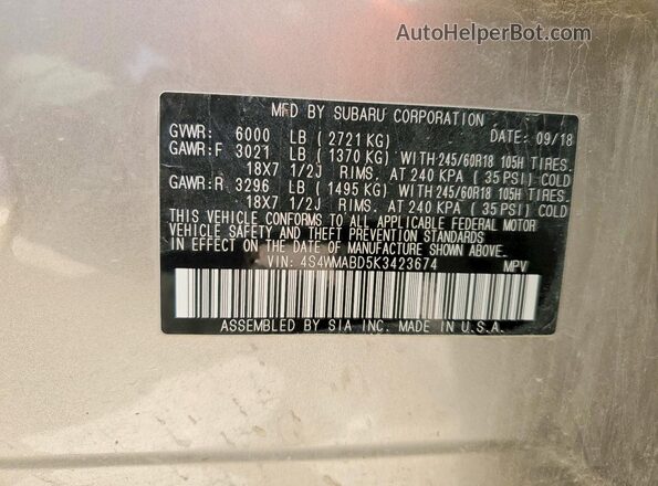 4S4WMABD5K3423674 2019 SUBARU ASCENT Tan Vista de la etiqueta del VIN