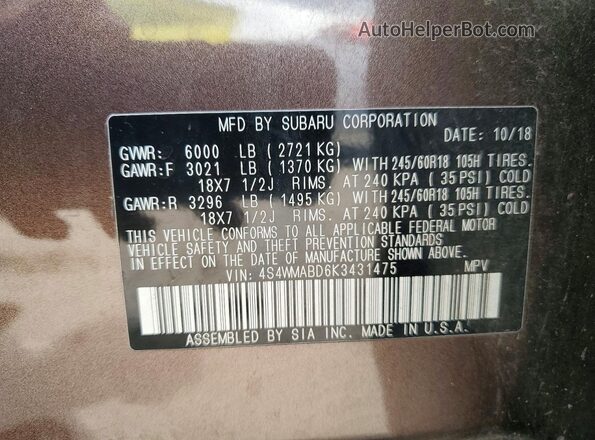 4S4WMABD6K3431475 2019 SUBARU ASCENT Brown Вид наклейки з VIN-кодом