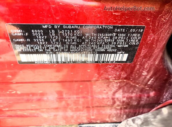 4S4WMABD6K3479512 2019 SUBARU ASCENT Red VIN կոդի պիտակի տեսք
